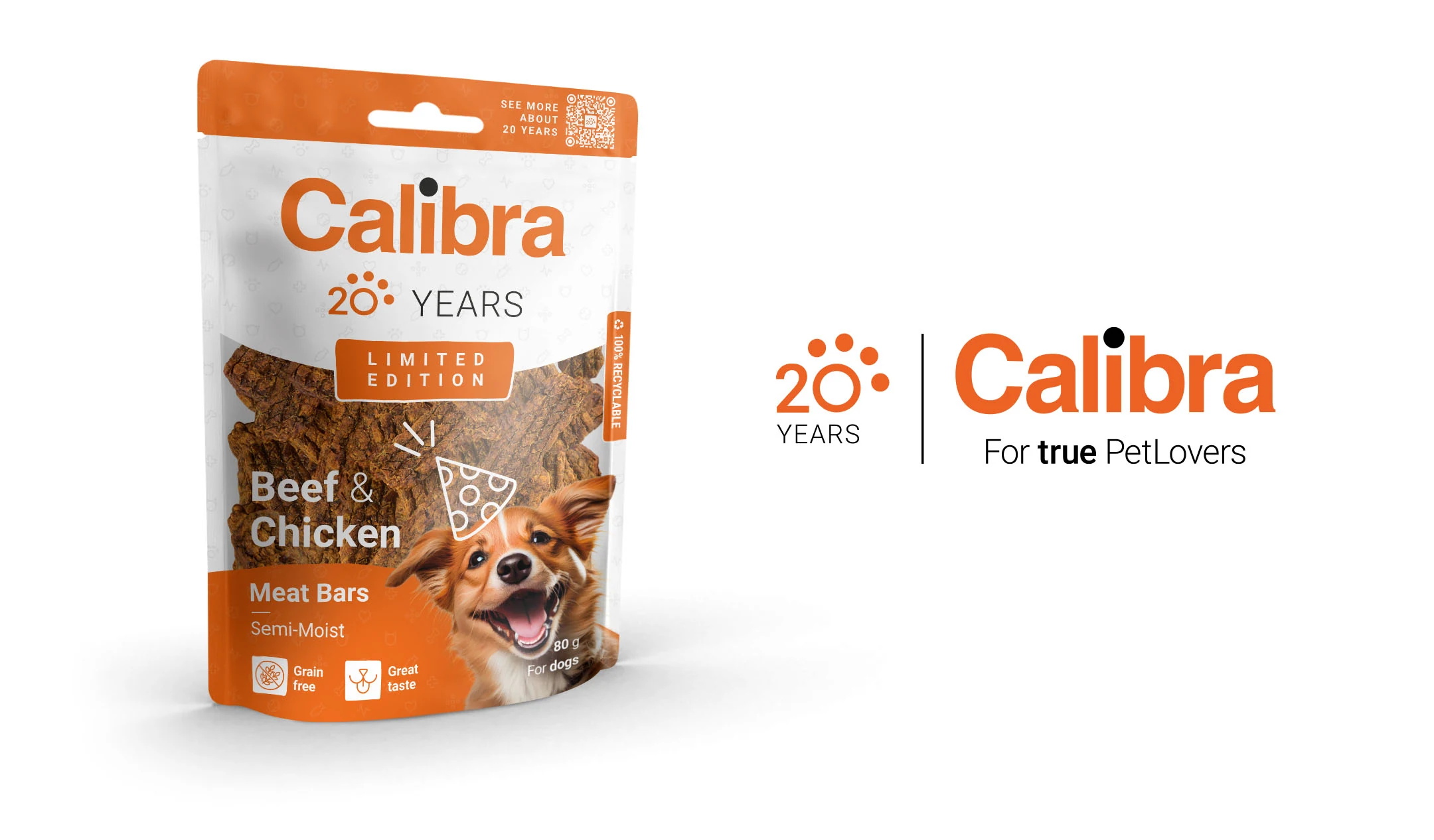 Calibra 20 Years limited edition meat bars pack next to the anniversary logo