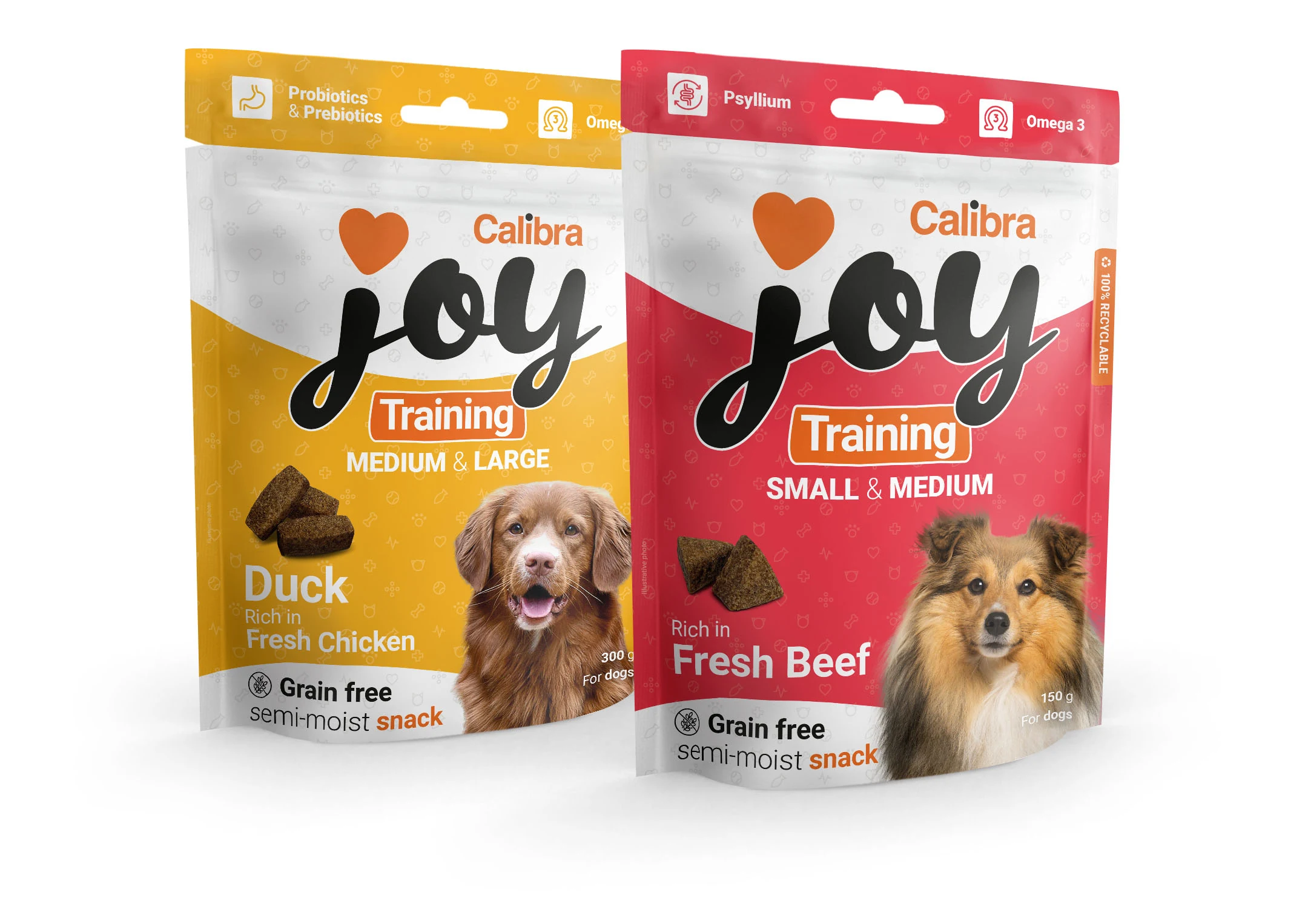 Calibra Joy Training dog treat packs in duck and fresh beef flavours