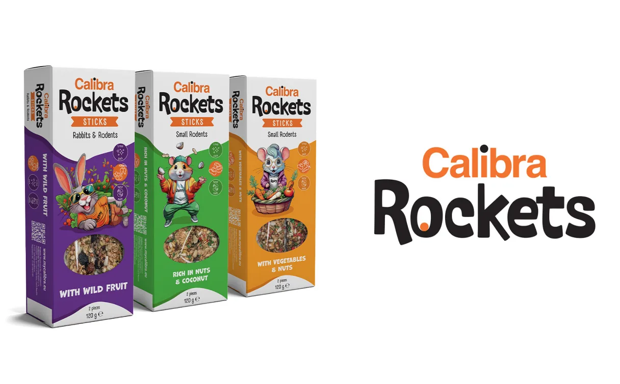 Calibra Rockets sticks for rabbits and rodents next to the Rockets logo