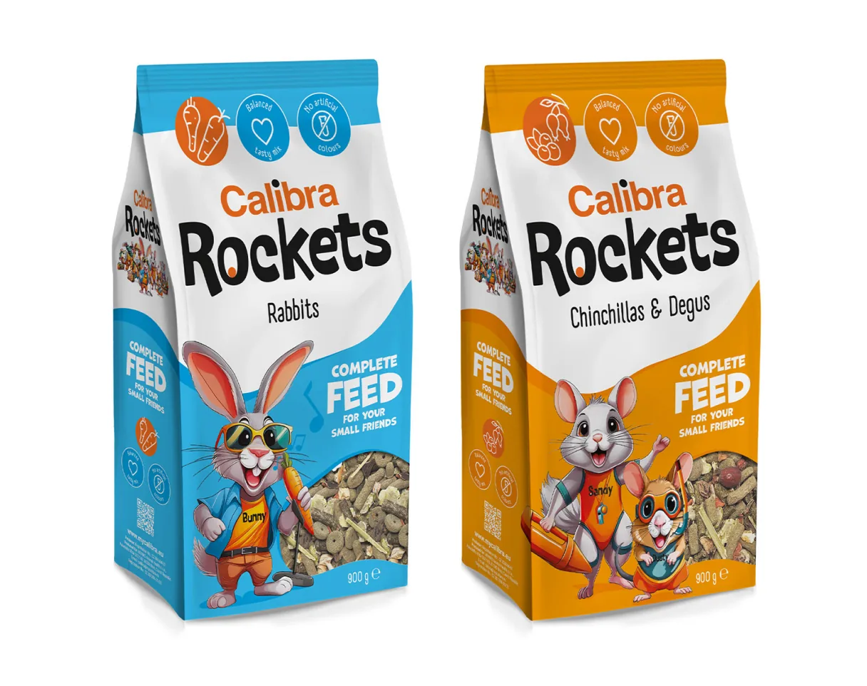 Calibra Rockets complete feed bags for rabbits and for chinchillas and degus