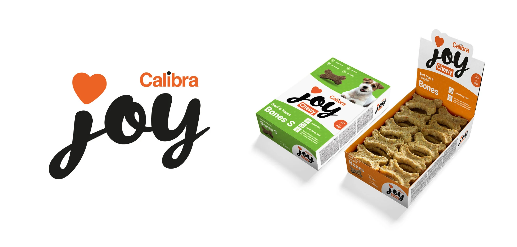 Calibra Joy logo and Joy Bones dog treat display boxes