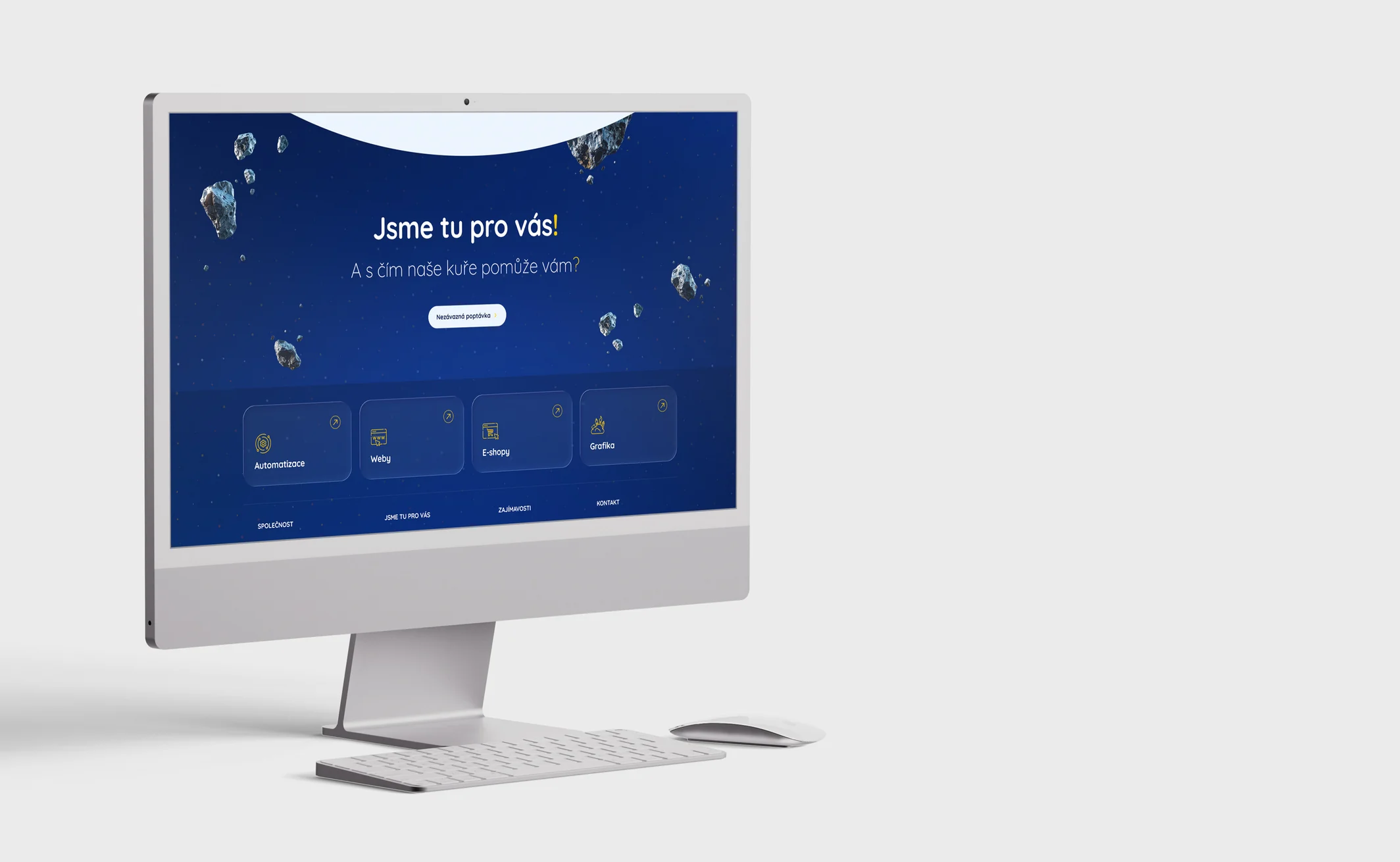 Desktop computer showing the contact section of the Vesmírné Kuře website