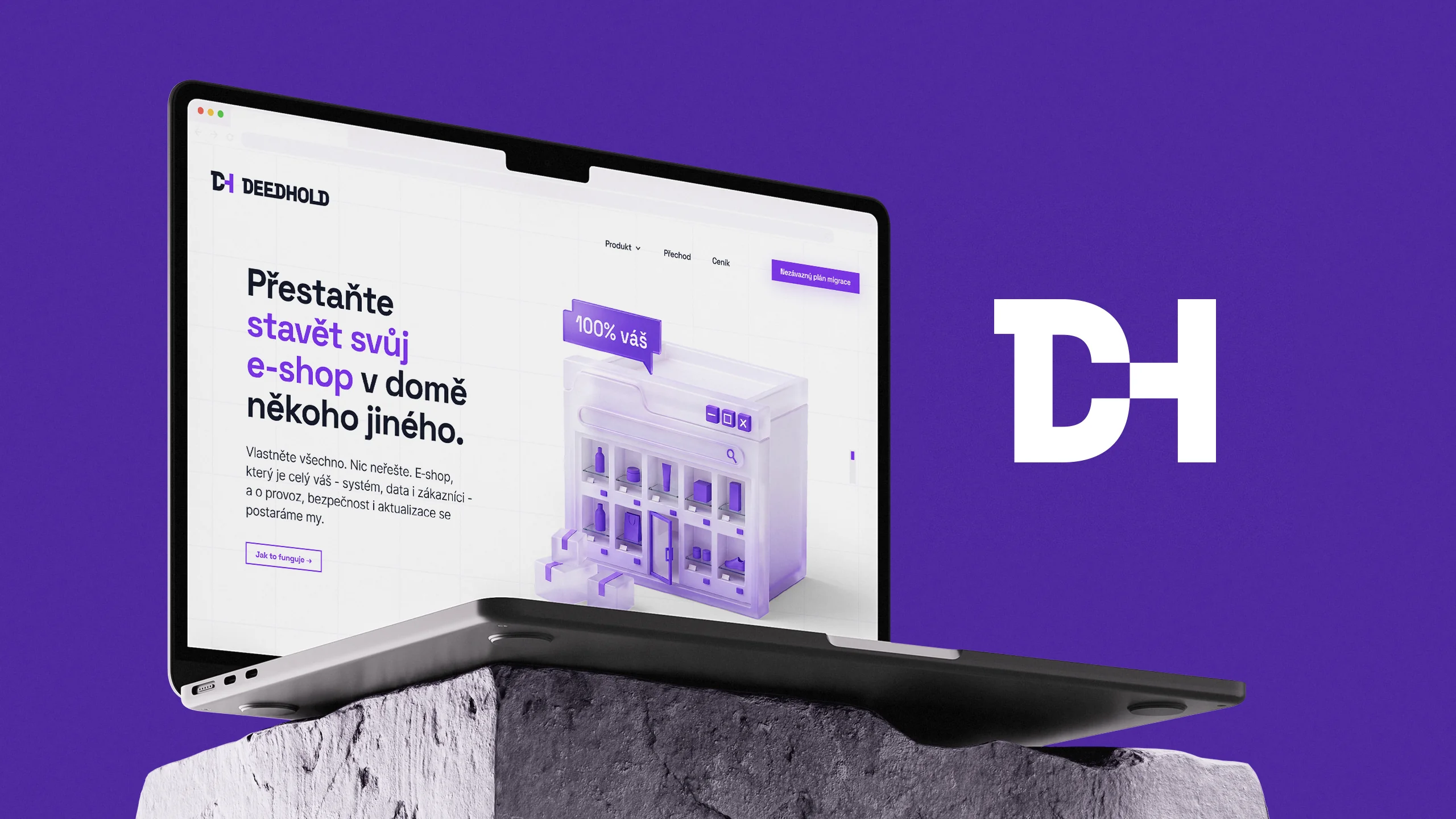 Purple key visual with a laptop showing a Czech landing page and a white DH monogram