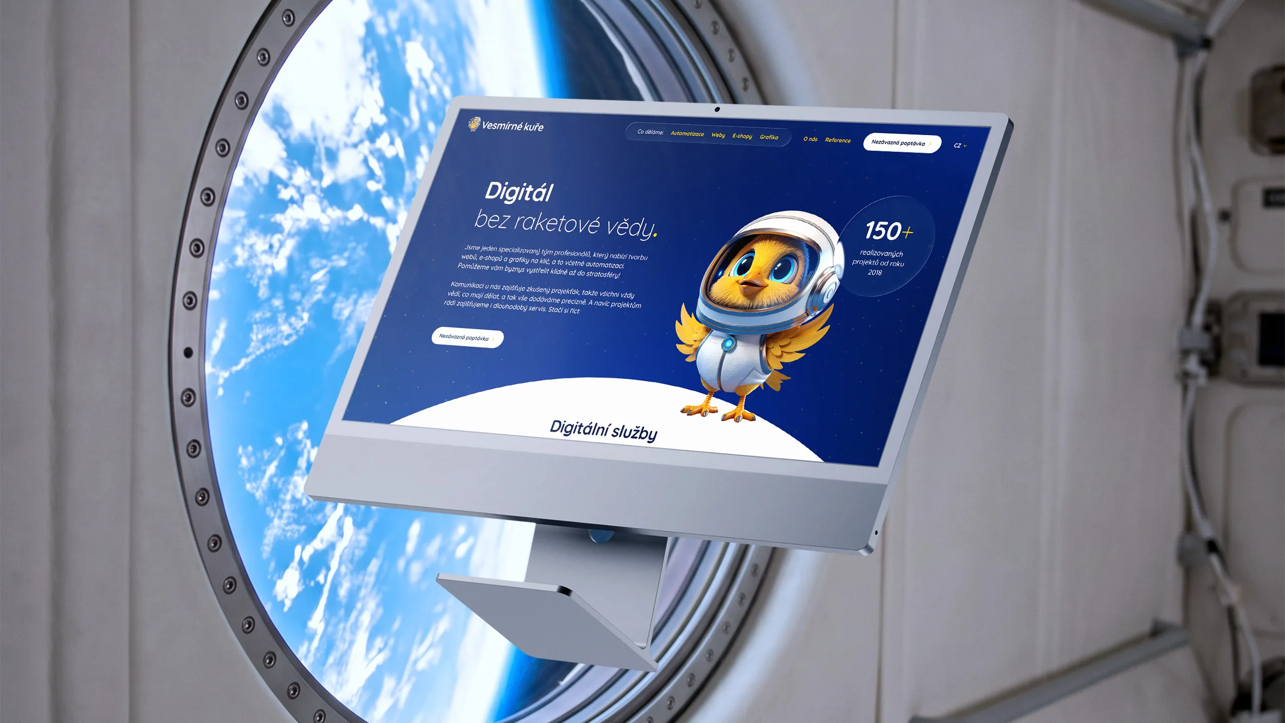 iMac showing the Vesmírné Kuře website floating in a space station module in front of a window with the Earth